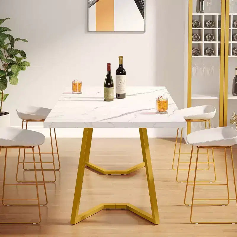 55" Modern Rectangular Dining Table, White/Gold