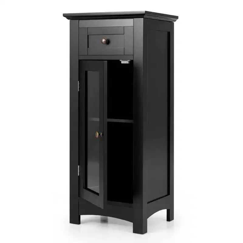 Bathroom Floor Cabinet with Single Glass Door, Drawer & Adjustable Shelf, Black/Brown