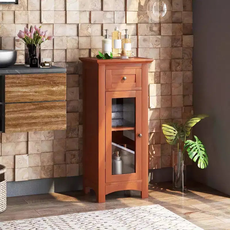 Bathroom Floor Cabinet with Single Glass Door, Drawer & Adjustable Shelf, Black/Brown