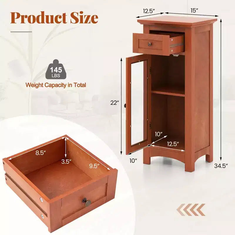 Bathroom Floor Cabinet with Single Glass Door, Drawer & Adjustable Shelf, Black/Brown