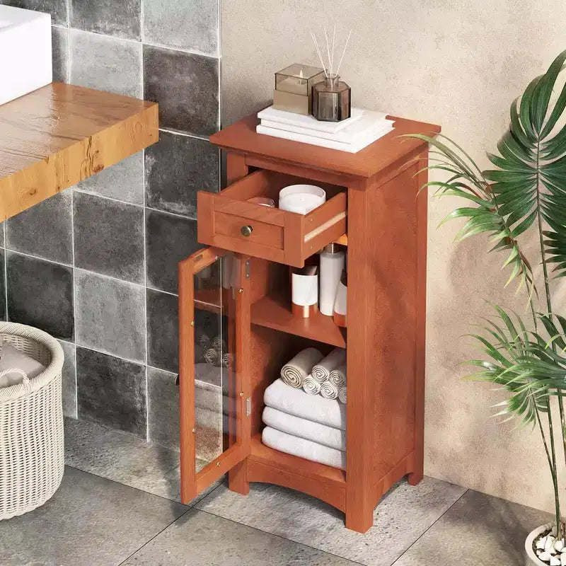 Bathroom Floor Cabinet with Single Glass Door, Drawer & Adjustable Shelf, Black/Brown