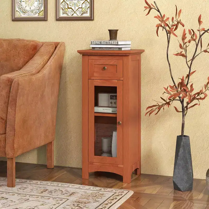 Bathroom Floor Cabinet with Single Glass Door, Drawer & Adjustable Shelf, Black/Brown