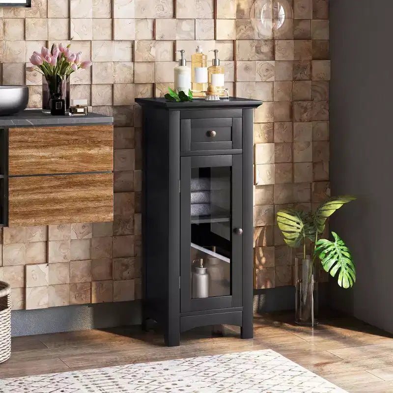Bathroom Floor Cabinet with Single Glass Door, Drawer & Adjustable Shelf, Black/Brown