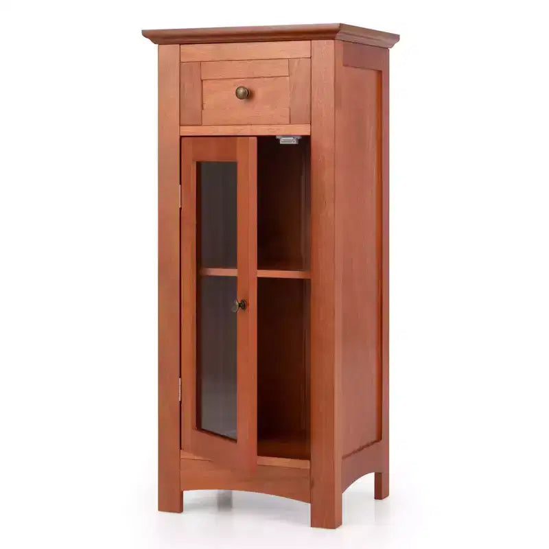 Bathroom Floor Cabinet with Single Glass Door, Drawer & Adjustable Shelf, Black/Brown