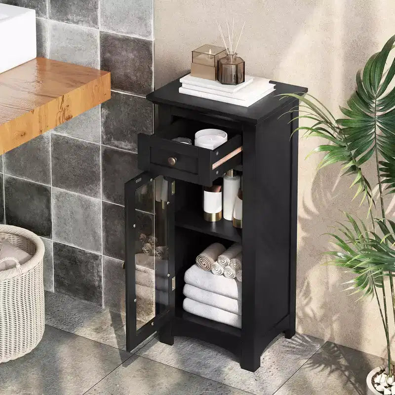Bathroom Floor Cabinet with Single Glass Door, Drawer & Adjustable Shelf, Black/Brown