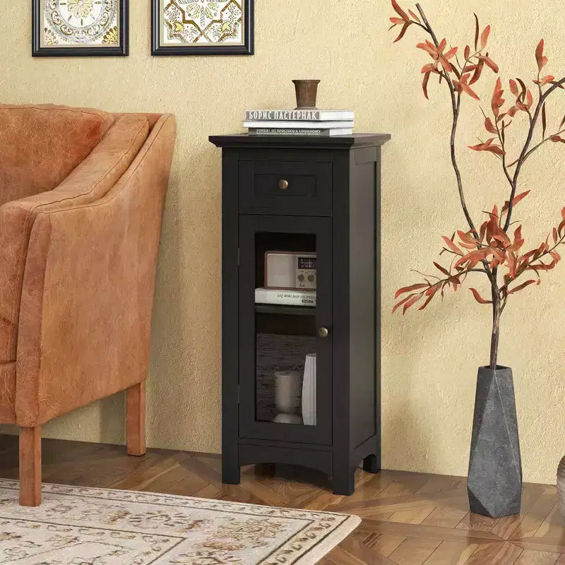 Bathroom Floor Cabinet with Single Glass Door, Drawer & Adjustable Shelf, Black/Brown