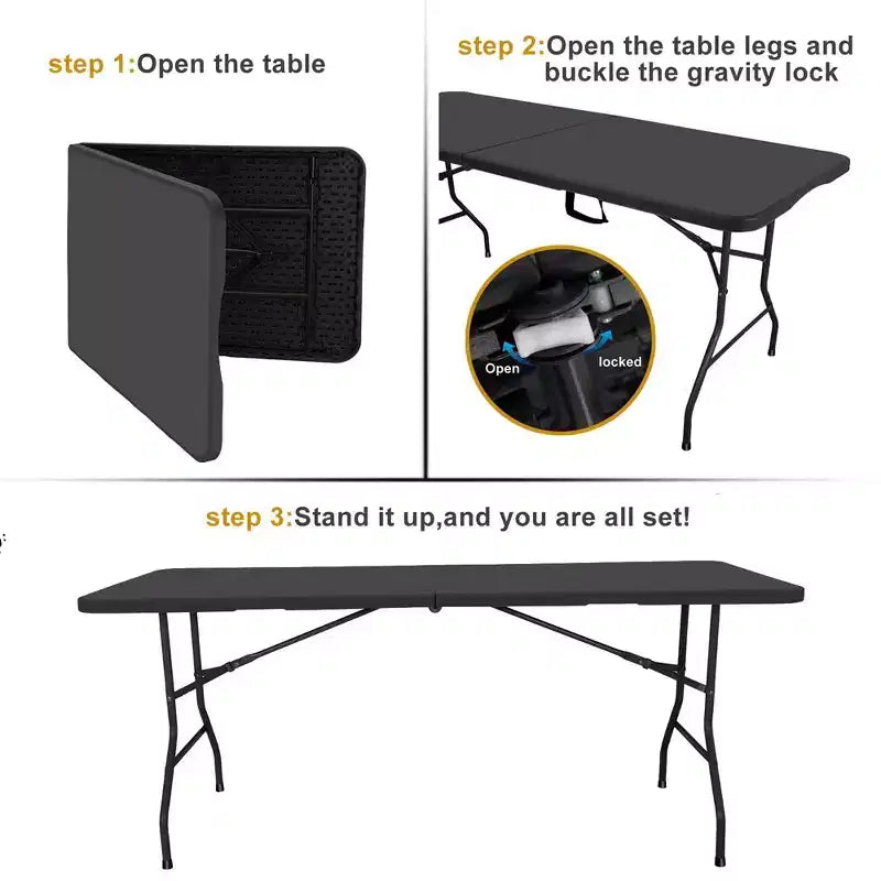 Folding Table 6 Foot Heavy Duty HDPE Plastic Indoor Outdoor Rectangular Banquet Table Steel Legs White