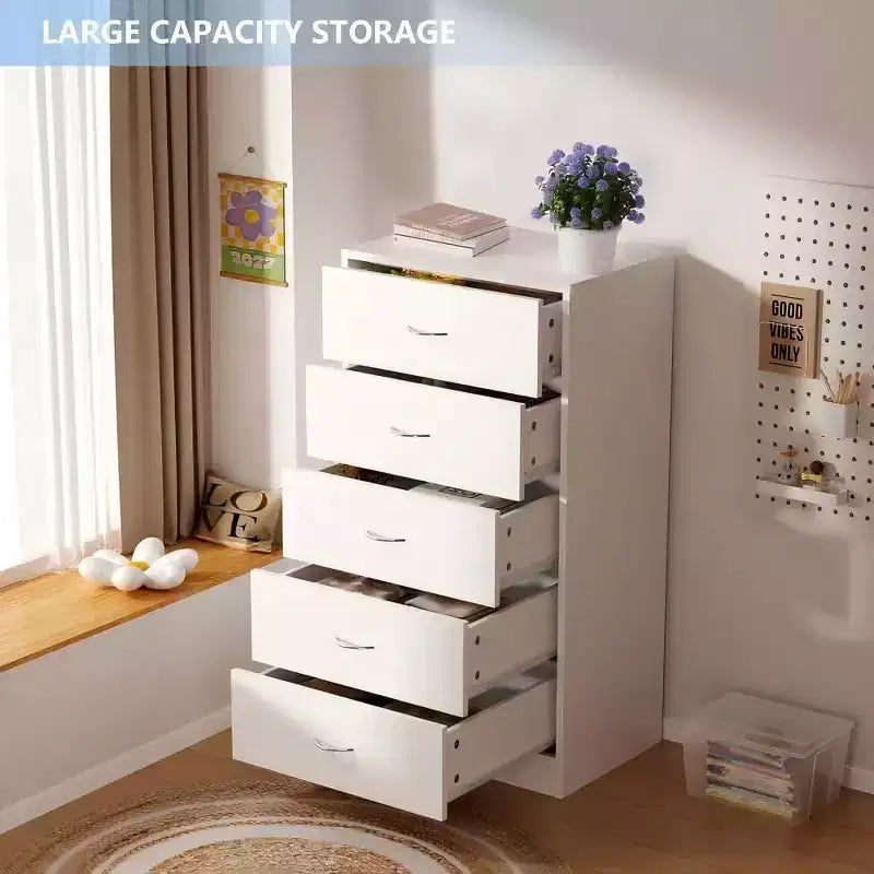 5 Drawer Dresser for Bedroom 49.4 in Tall Wood Chest of Drawers with Metal Handles White