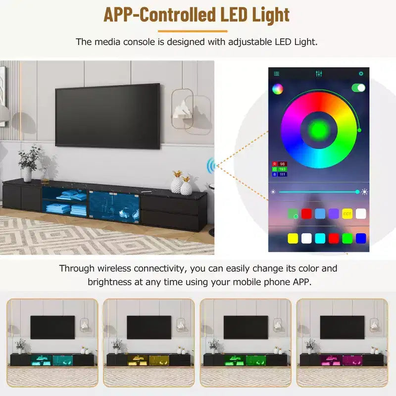 Modern App-Controlled LED TV Stand for TVs Up to 105" with Tempered Glass Doors