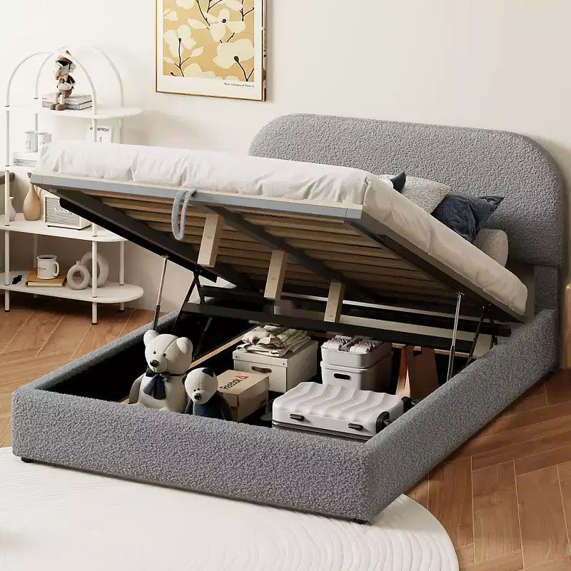 Full/Queen Size Teddy Fleece Upholstered Platform Bed with Hydraulic Storage System