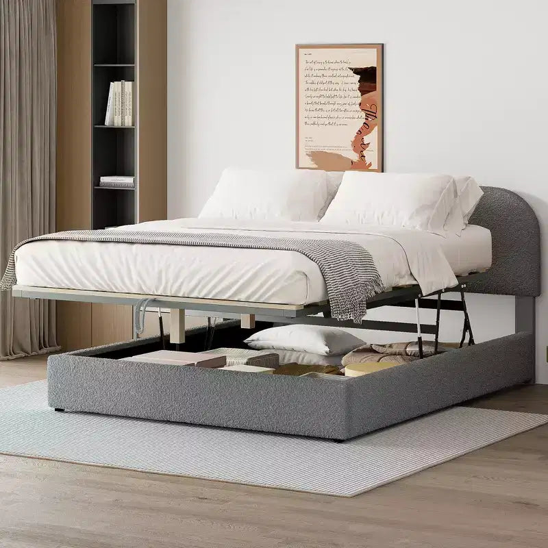Full/Queen Size Teddy Fleece Upholstered Platform Bed with Hydraulic Storage System