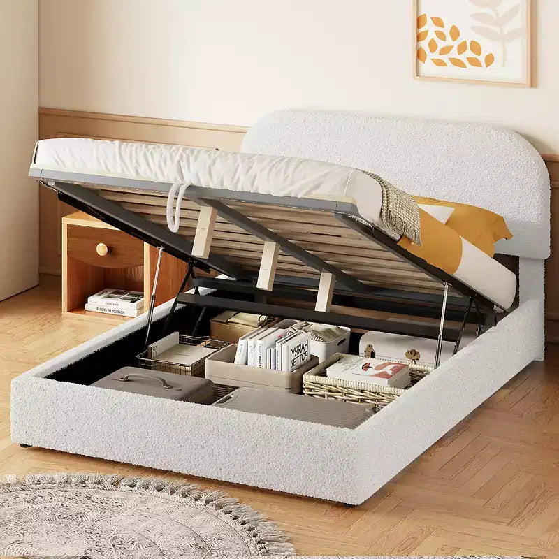Full/Queen Size Teddy Fleece Upholstered Platform Bed with Hydraulic Storage System