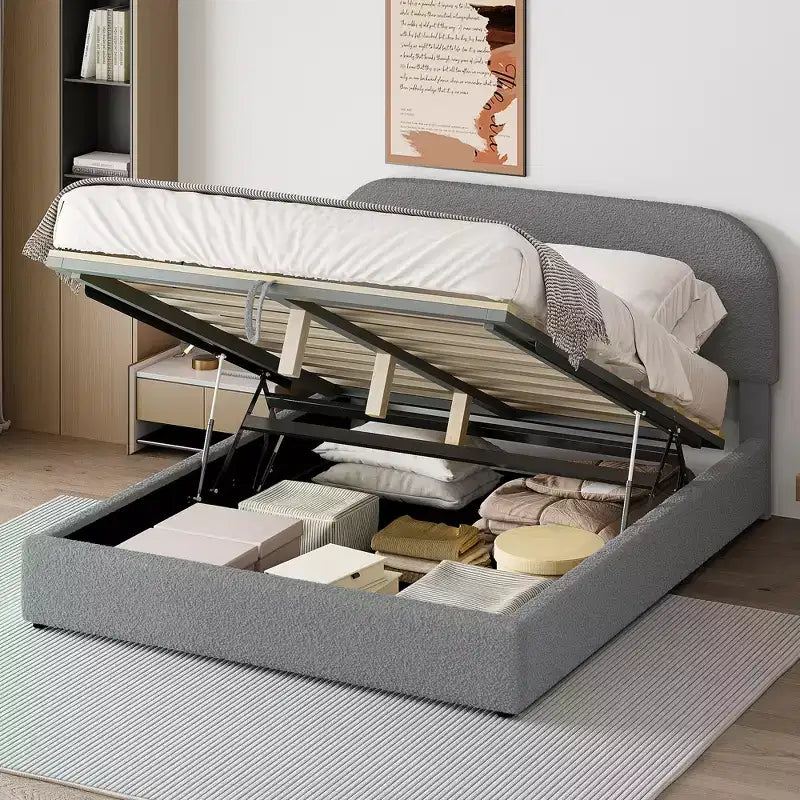 Full/Queen Size Teddy Fleece Upholstered Platform Bed with Hydraulic Storage System